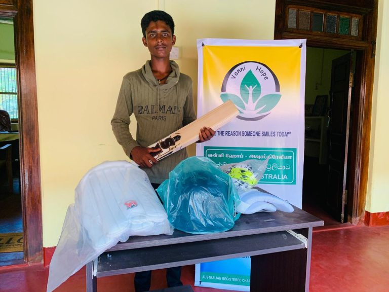 Vanni Hope project, hardball cricket equipment, student S. Mugilraj, Akkarayan Maha Vidyalayam, Kilinochchi Sri Lanka, sponsored by Ranjan Sivagnanasundaram, empowering rural youth, sports empowerment, health and wellbeing, student development, underserved communities