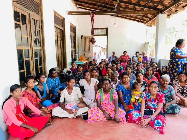 Dry-food distribution by Vanni Hope to the Ilanththalir Women’s Society in Valaithottam, Trincomalee District, after Cyclone Ditwah flooding.