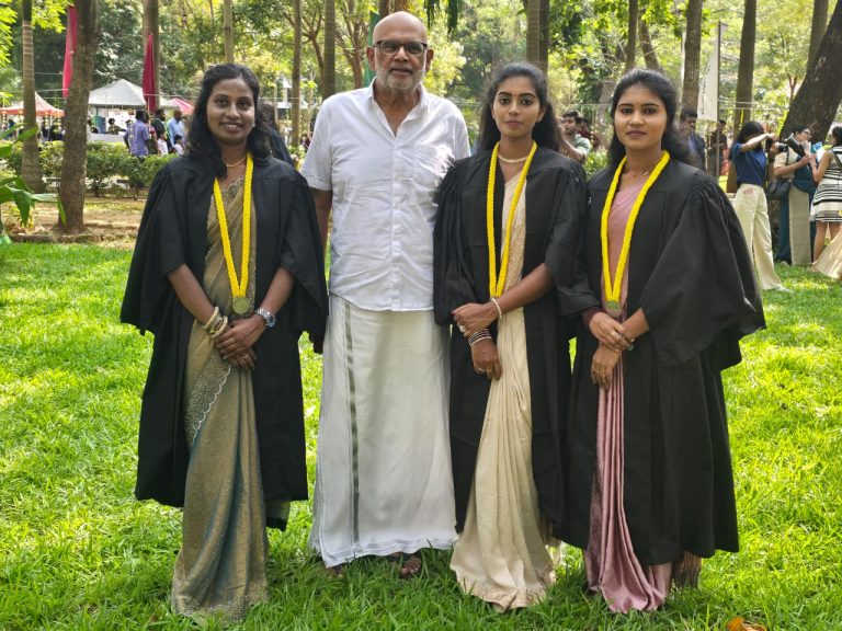 Sponsored law graduates Thevapriya Denishka and Rashika at University of Jaffna convocation with Mr Ranjan Sivagnanasundaram