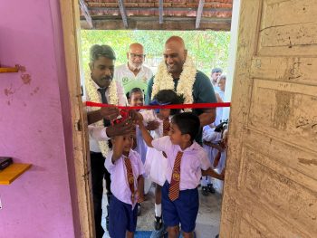 mathematics classroom opening Batticaloa Sri Lanka, students in newly constructed classroom Vellawely school, school building project rural Sri Lanka education, students learning in mathematics classroom Sri Lanka, classroom handover ceremony Batticaloa district, improving school facilities Sri Lanka education project, students and teachers in new classroom environment, rural school infrastructure development Batticaloa