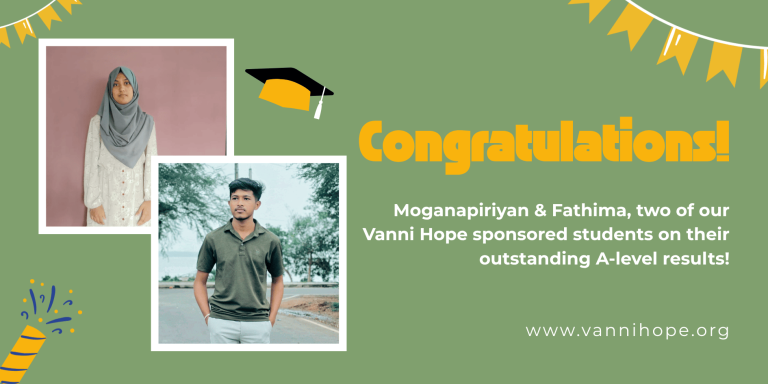 Vanni Hope sponsored students achieving A Level results in Sri Lanka Physical Science and Biological Science streams
