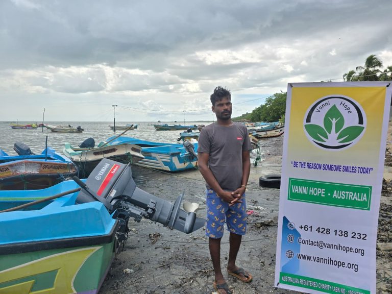fishing motor handover, fisherman family Sri Lanka, Poonagari livelihood support, Kilinochchi fishing project, Yamaha outboard engine, Vanni Hope livelihood project, rural fisherman assistance, family livelihood development, fishing community support, humanitarian project Sri Lanka