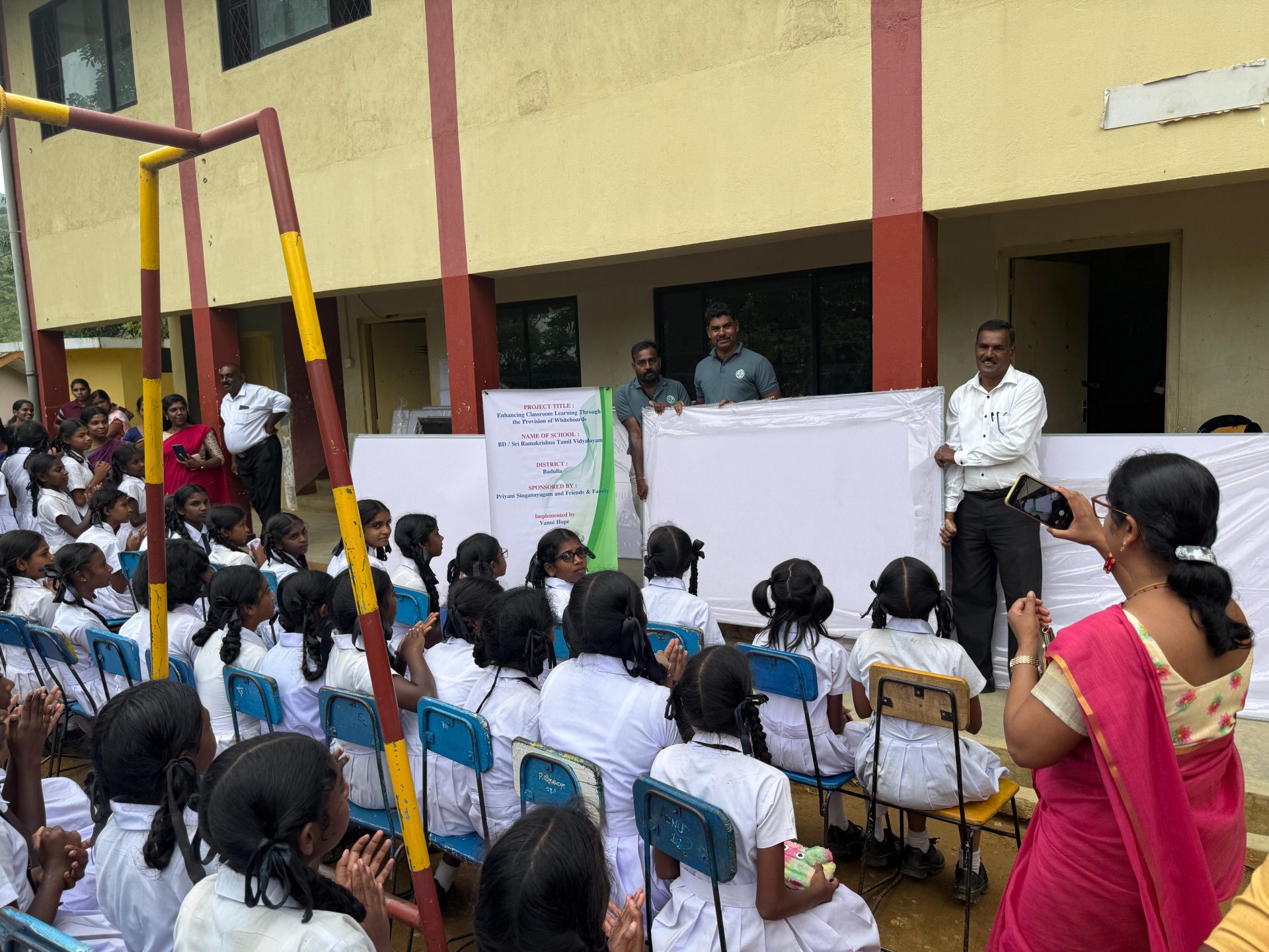 Badulla school support, classroom whiteboards, digital sound system, rural school Sri Lanka, students classroom learning, Vanni Hope project, education support Badulla, Sri Ramakrishna Tamil Vidyalayam, school learning facilities, cyclone affected school