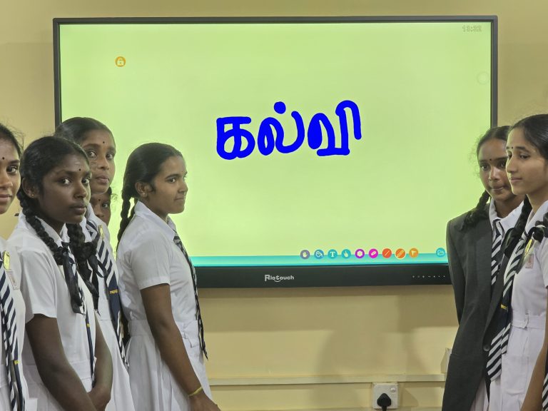 smart board classroom Sri Lanka, rural school digital education, students using smart board, Gampola school project, interactive classroom learning, education support Sri Lanka, Vanni Hope project, World Vision Lanka initiative, smart learning facilities, rural students technology access