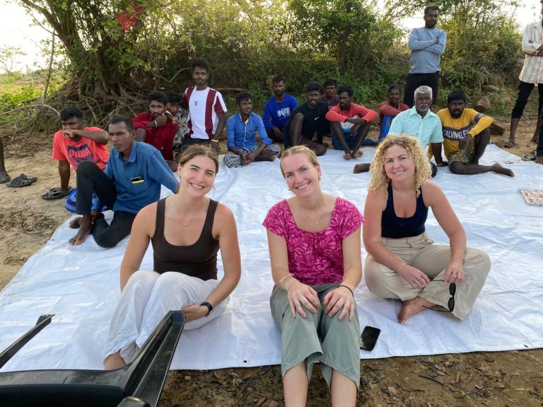 Samantha Braithwaite, Sophie McCracken, Daisy Lester Australian visitors meeting Vanni Hope community members during a field visit in Trincomalee Sri Lanka